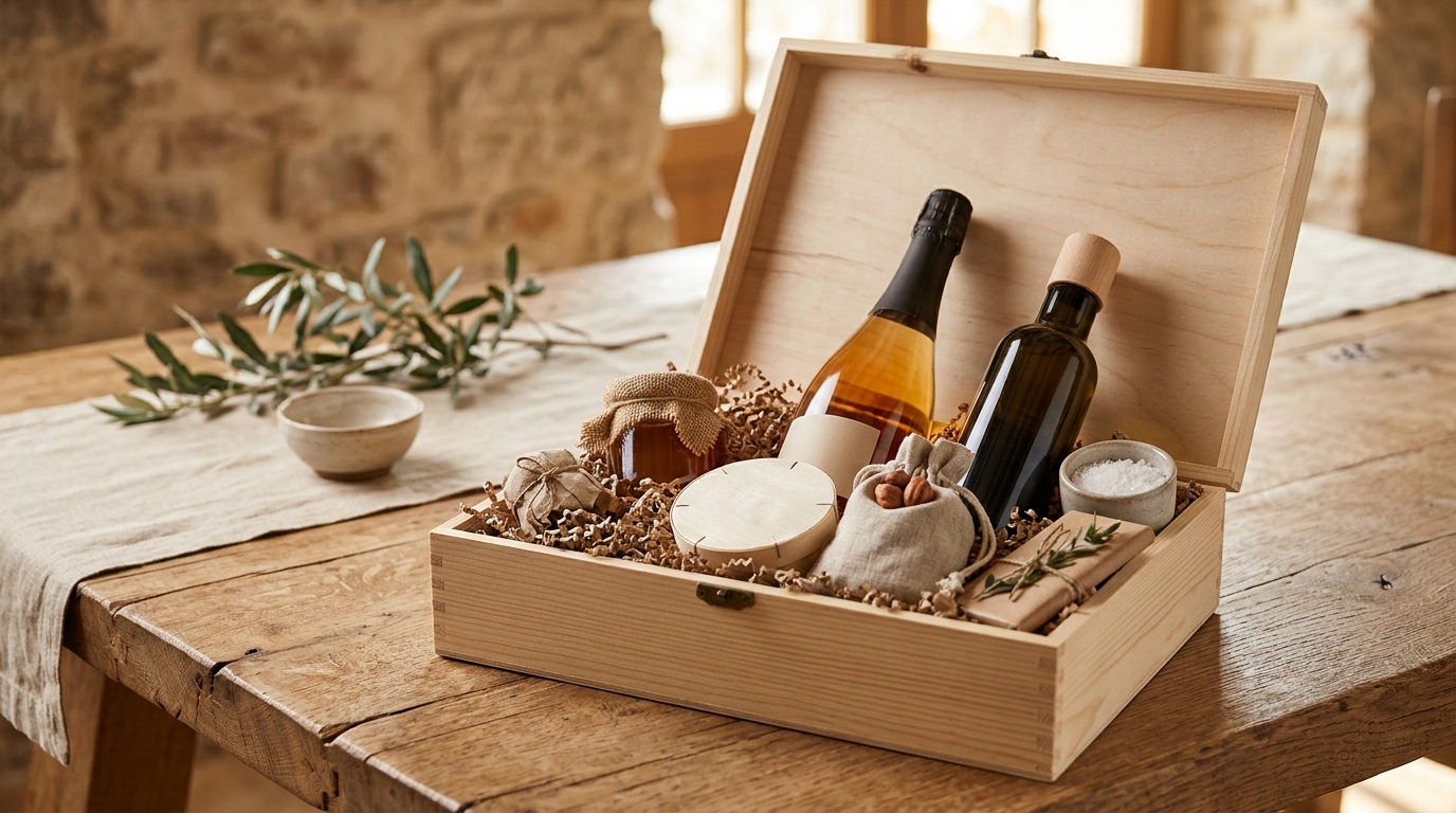 Lote de navidad para empleados en caja de madera reutilizable con botellas y productos gourmet