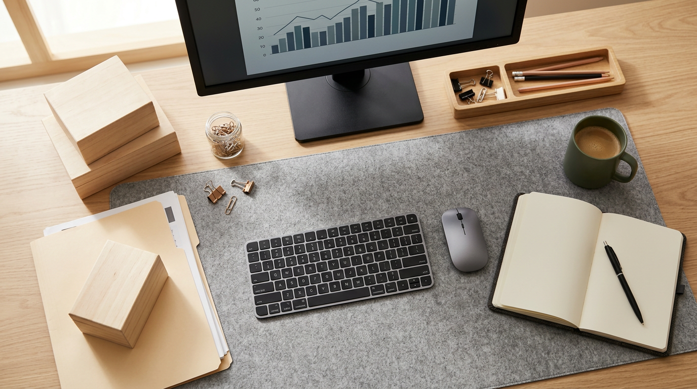 Escritorio moderno y organizado con diversos materiales de oficina como bolígrafos, cuadernos, carpetas y un monitor, sobre una superficie de madera clara, simbolizando productividad.