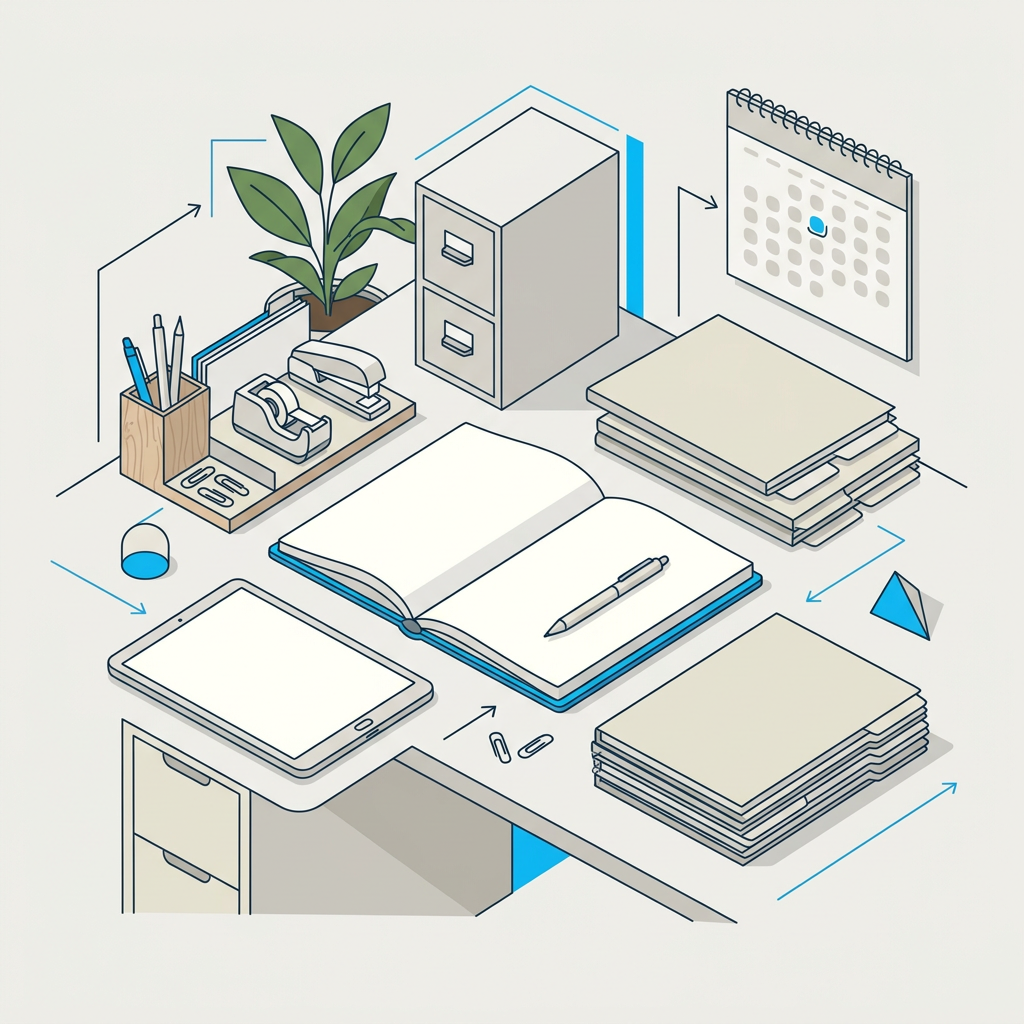 Moderner und organisierter Schreibtisch mit verschiedenen Büromaterialien wie Kugelschreibern, Notizbüchern, Ordnern und einem Monitor auf einer hellen Holzoberfläche, symbolisiert Produktivität.