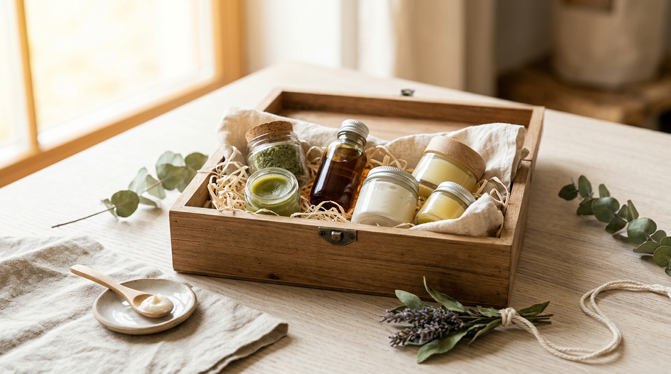 Envases de cristal con aceites naturales colocados dentro de una caja de madera artesanal