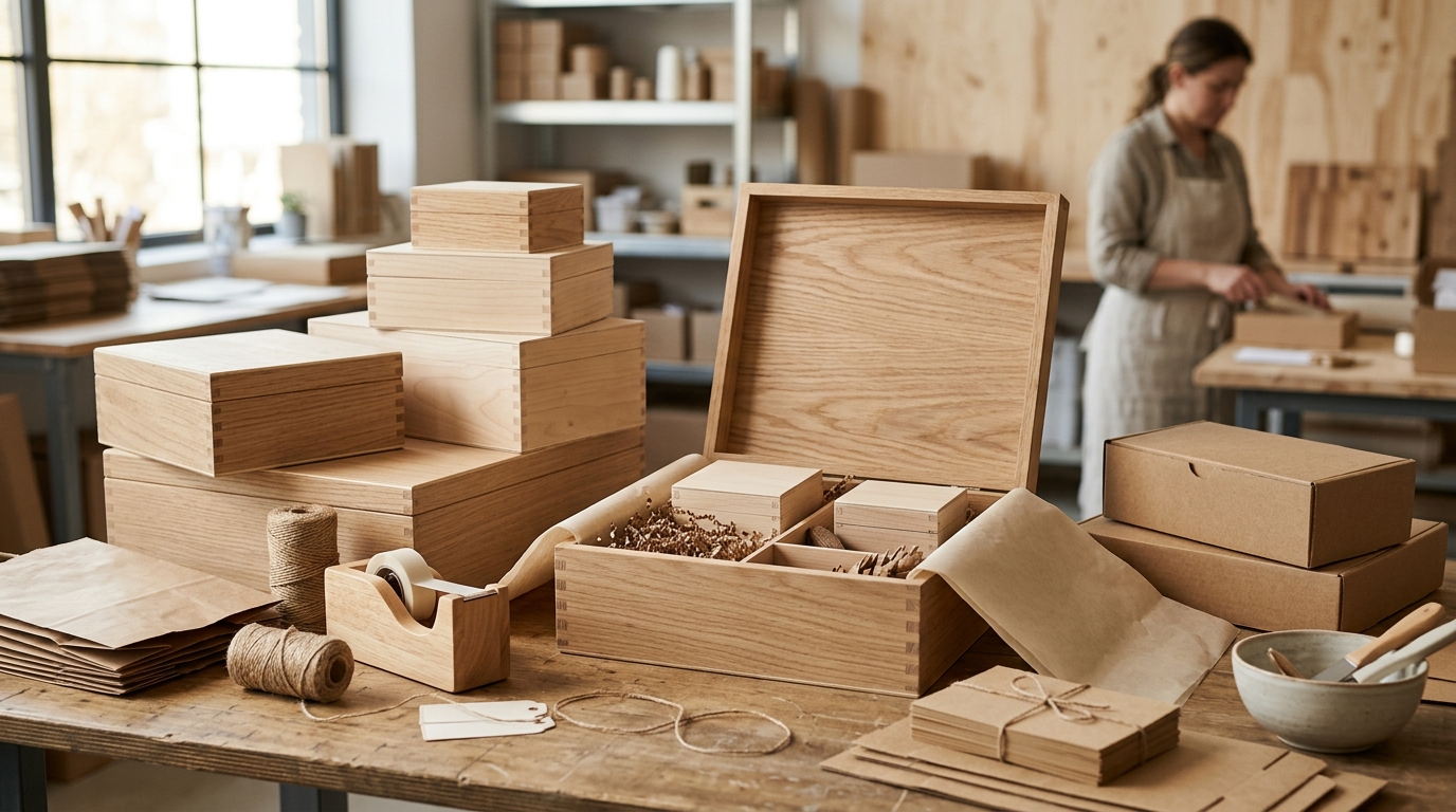 Caja de embalaje de madera personalizada y materiales de envío sostenibles sobre una mesa