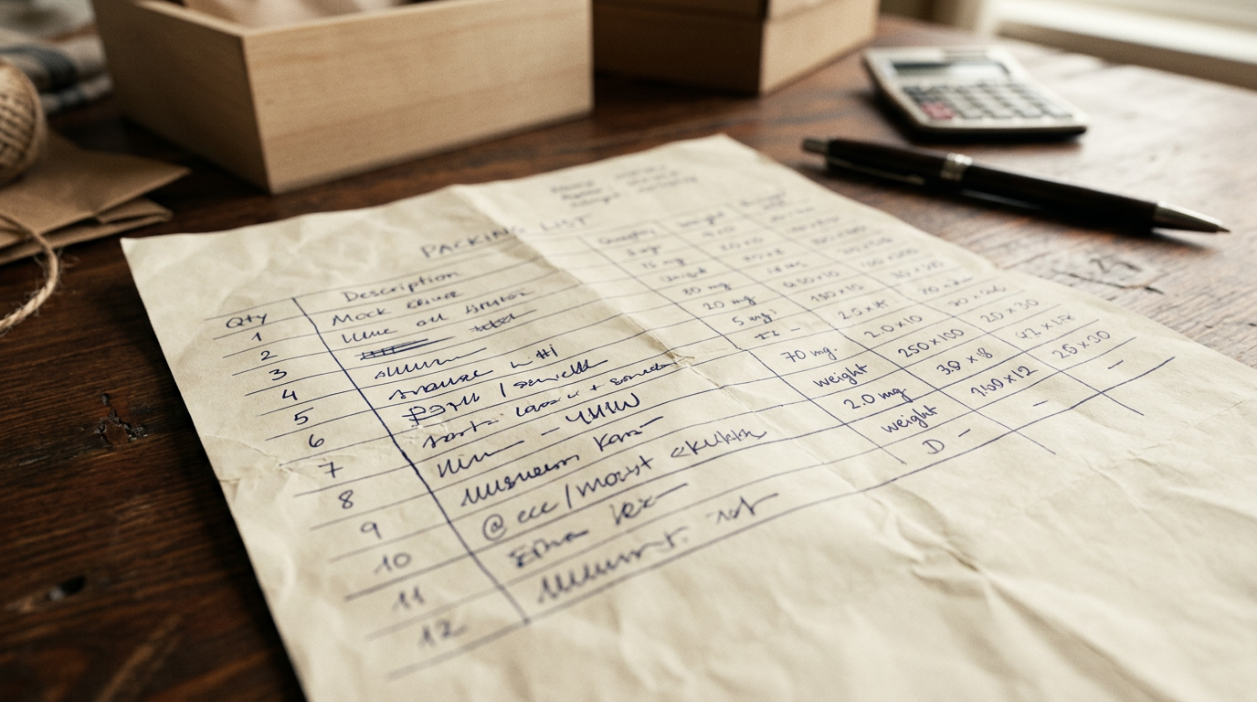 Documento de packing list con información detallada de un envío, incluyendo cantidades, pesos y tipos de embalaje, sobre una superficie de madera.