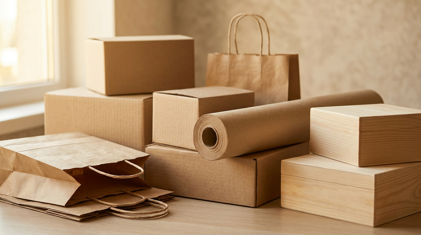 Variedad de productos hechos de papel kraft, incluyendo bolsas, cajas y material de embalaje, mostrando su versatilidad y acabado natural