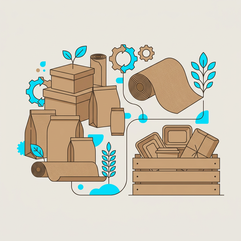 Variety of products made from kraft paper, including bags, boxes, and packaging material, showing its versatility and natural finish