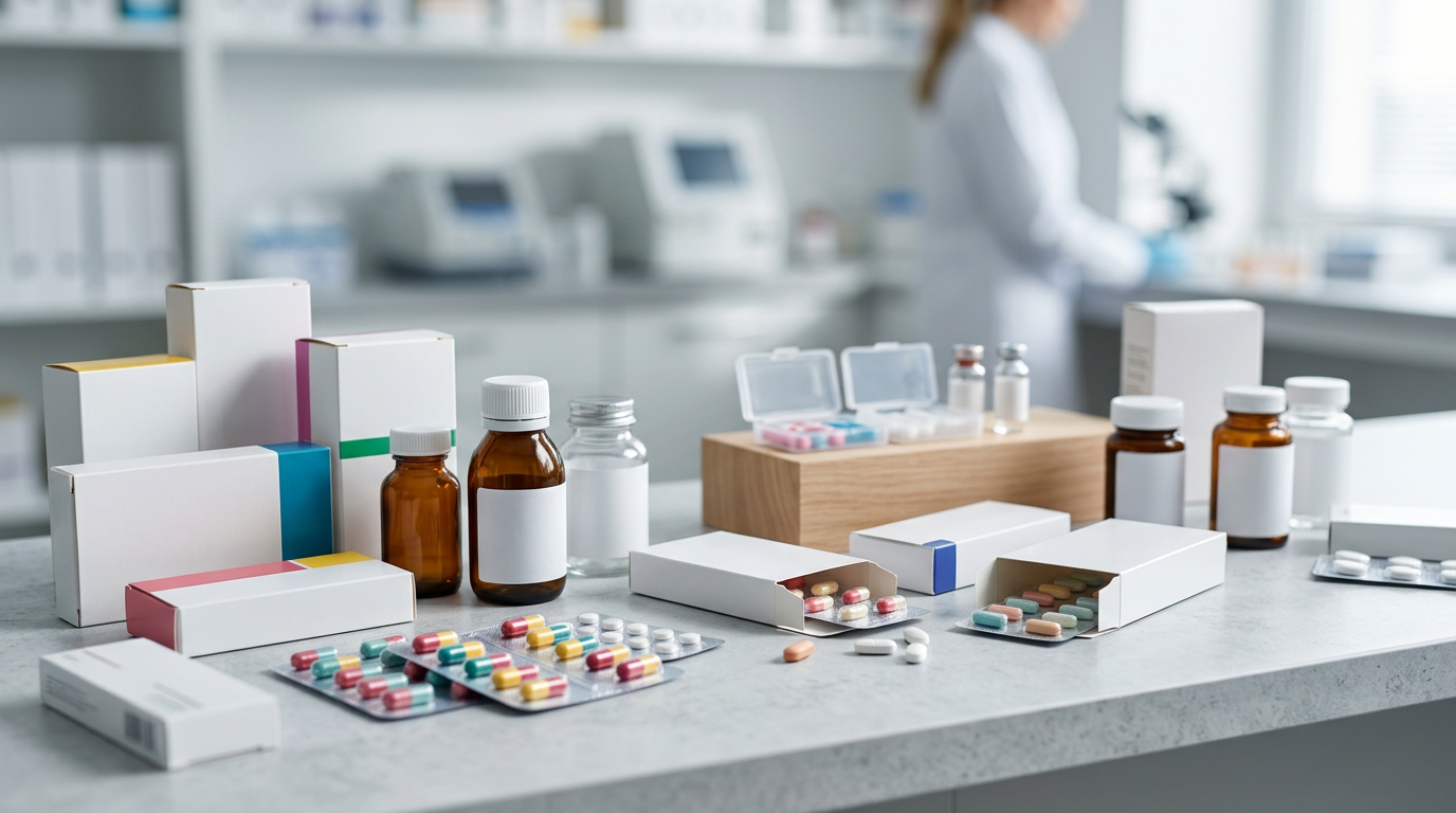 Muestra detallada de varios envases farmacéuticos con diferentes formas y colores, destacando la información impresa en sus etiquetas.