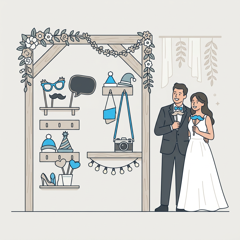 Pareja de novios sonriendo y posando en un photocall de boda casero decorado con flores y guirnaldas de luces, creando un ambiente romántico y festivo.