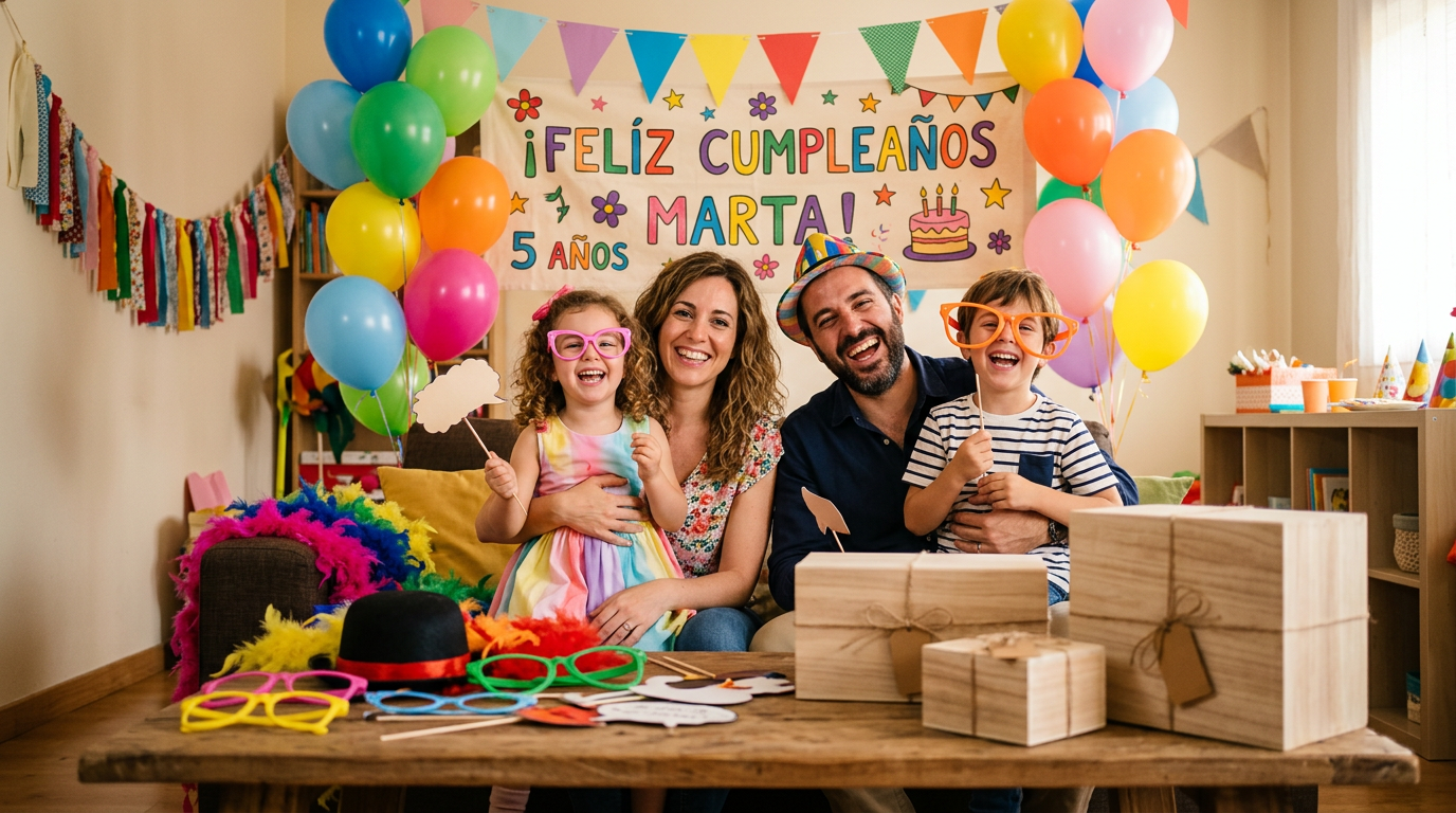 Familia riendo y posando frente a un photocall de cumpleaños casero decorado con globos, guirnaldas coloridas y una pancarta temática de fiesta.