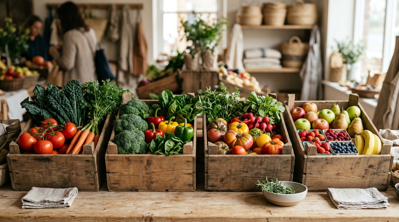 Frutas frescas y verduras de un supermercado ecológico en exhibición, destacando la calidad y origen natural de los