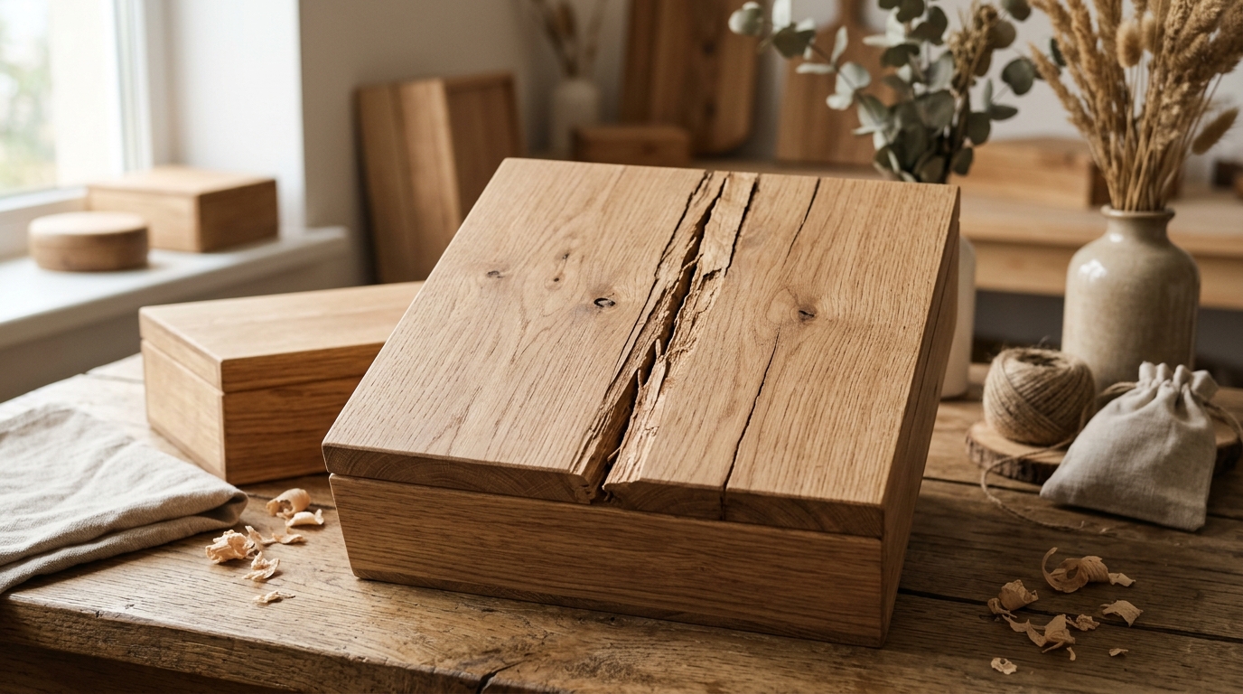 Detalle de una raja y fisuras en una tabla de madera maciza expuesta a cambios de humedad