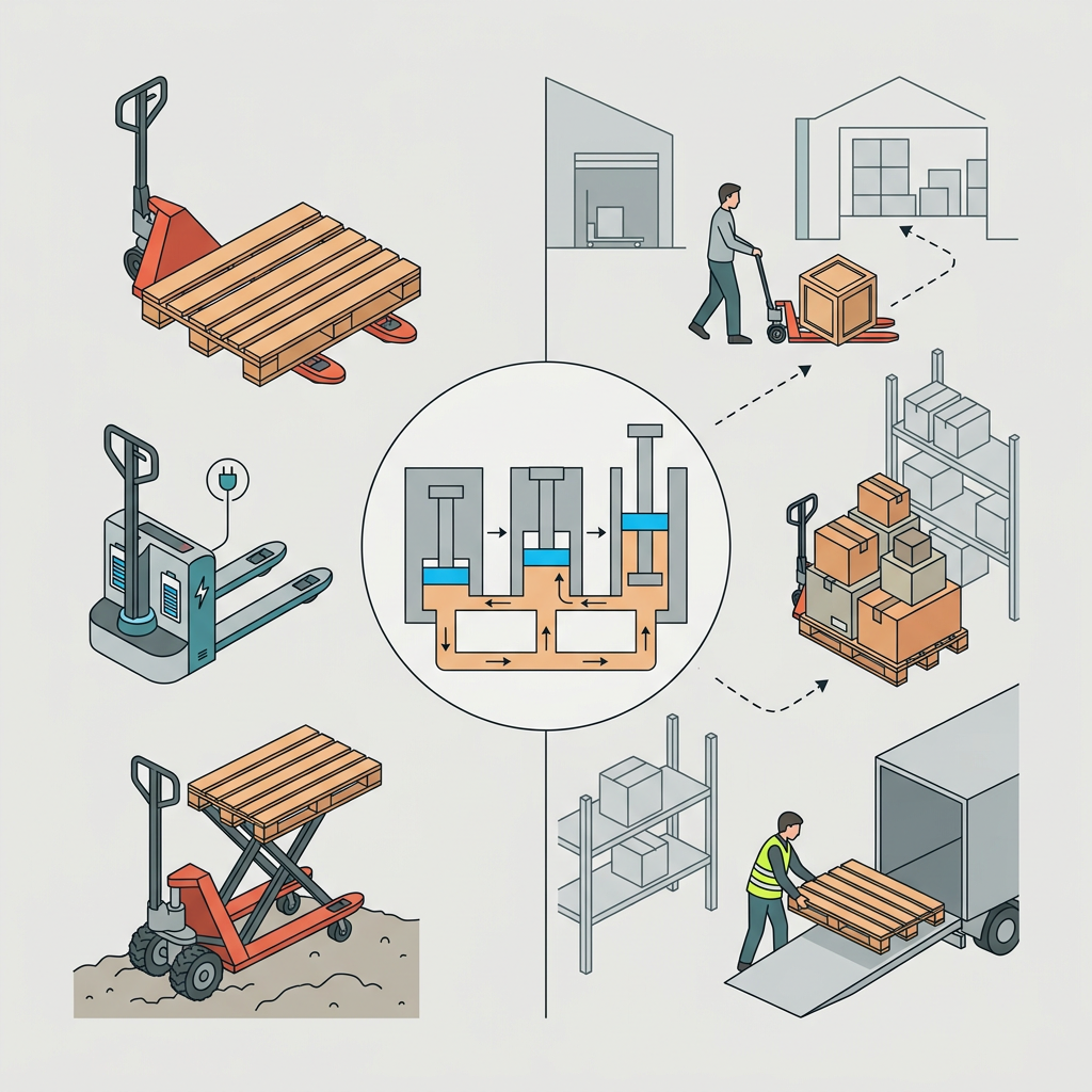 Transpaleteira manual vermelha com timão preto movendo um palete de madeira em um armazém industrial com prateleiras ao fundo, ilustrando a manipulação de cargas.