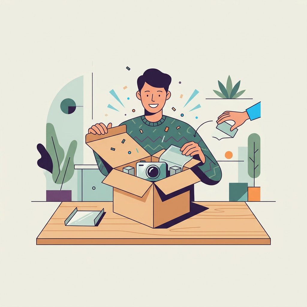 Manos abriendo cuidadosamente una caja de un producto nuevo, revelando su contenido con emoción y anticipación, en un ambiente iluminado y moderno.