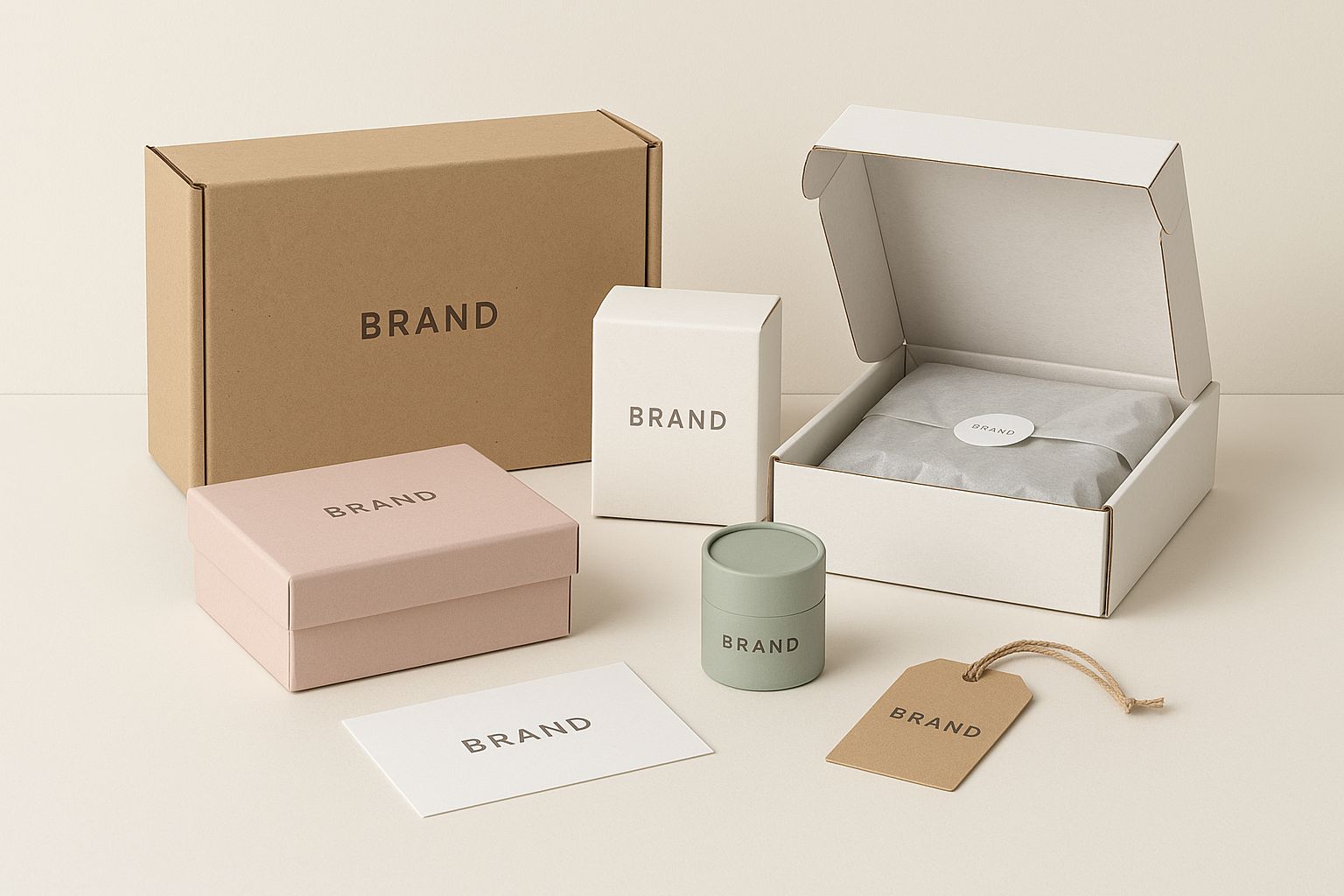 Checklist sobre un escritorio con elementos de packaging y herramientas de diseño web, símbolos de marca y producto.