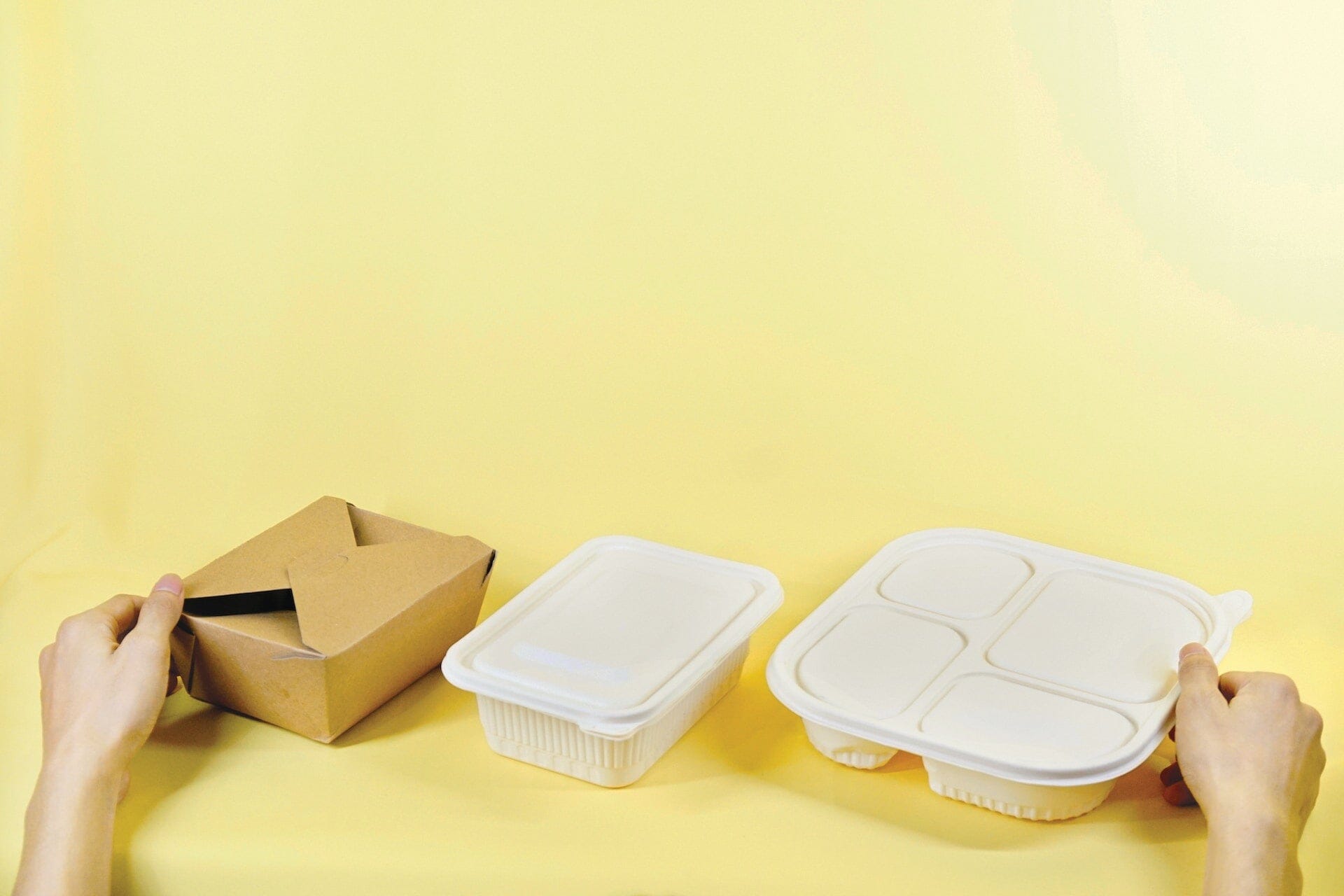 Variedad de envases take away sostenibles y biodegradables. Recipientes para alimentos ecológicos.
