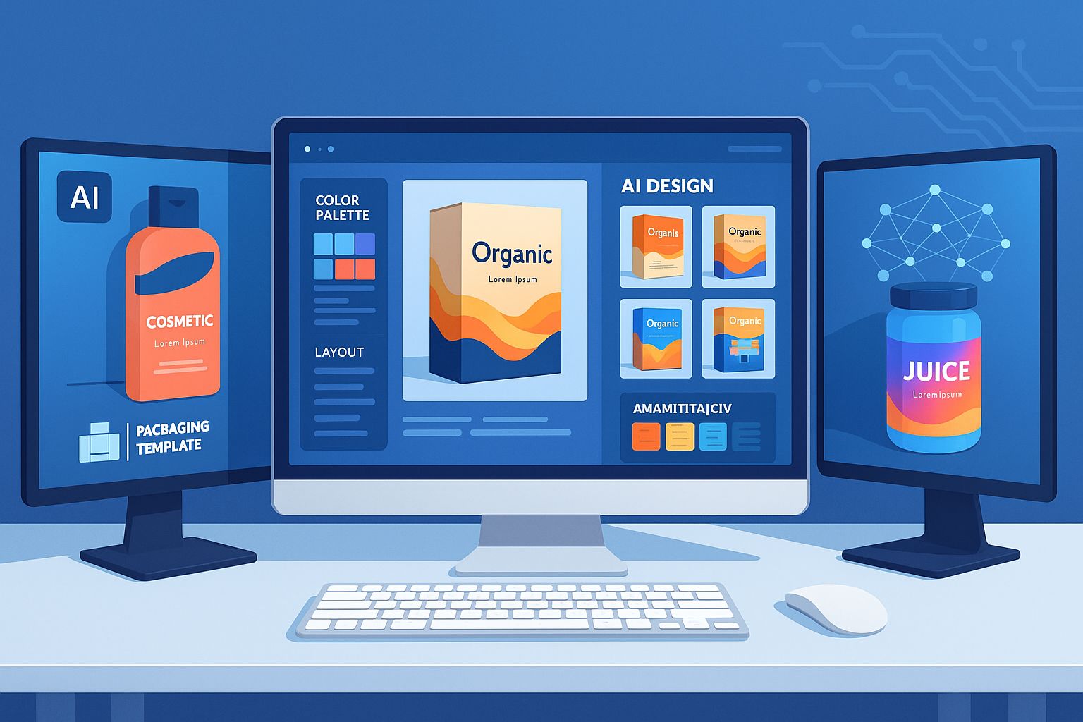 Una ilustración digital de una mano presionando un botón con un logo de IA, rodeada de diversos diseños de packaging