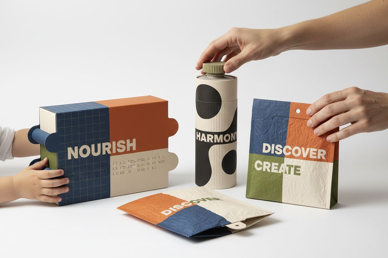Manos de diversas personas, simbolizando inclusión, interactuando con diferentes tipos de packaging accesible y fácil de