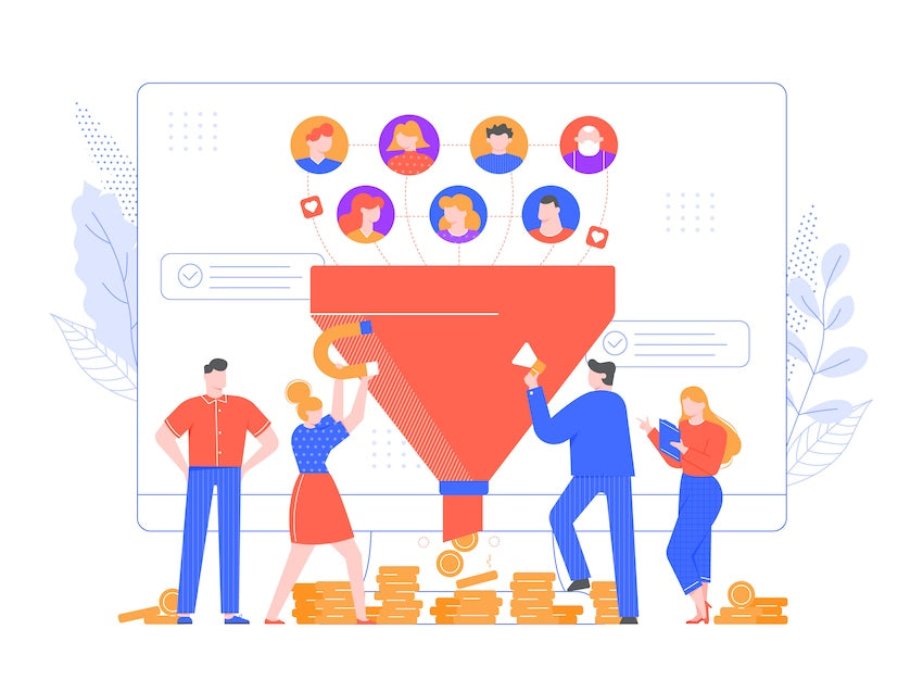 Diagrama visual de un funnel o embudo de ventas que muestra las fases de atracción, consideración y fidelización del cliente
